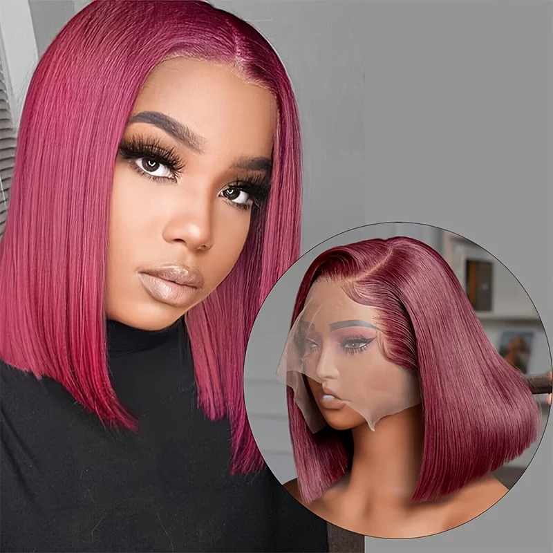 200% Density 13x4 Lace Front Human Hair Wigs 99J Colored Glueless HD Transparent Burgundy straight Lace Frontal Wig