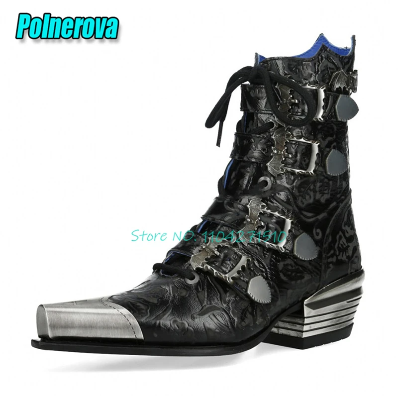 

Retro Metal Pointed Toe Chelsea Boots for Women Men Street Style Fashion Belt Buckle Zipper Thick Heel Short Boots Plus Size