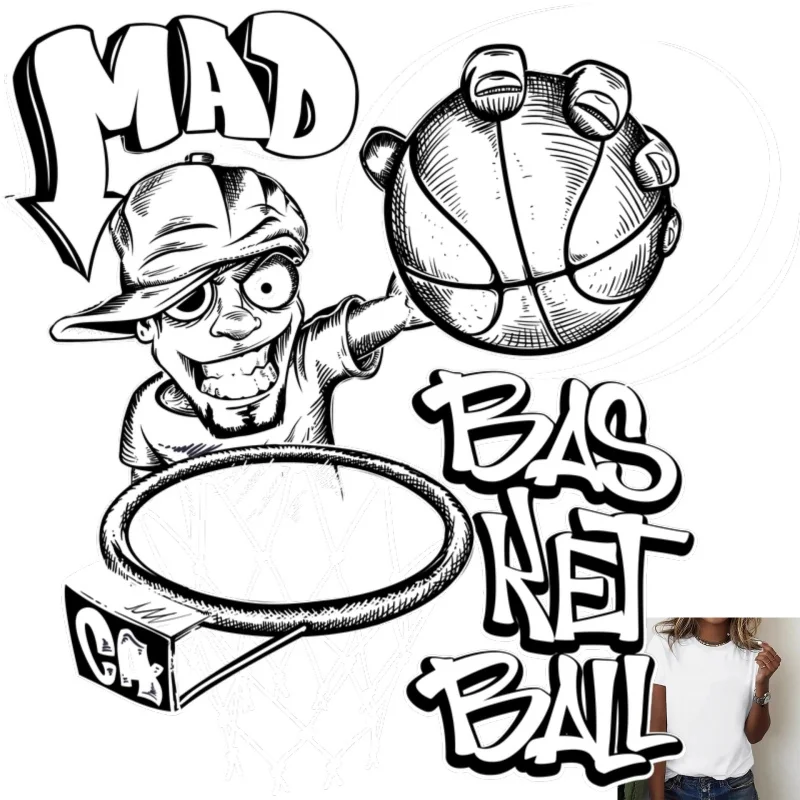 Trendy Street - Style Basketball - Themed Heat - Transfer White Ink Iron - on Patch, Suitable for T - Shirts, Canvas Bags,