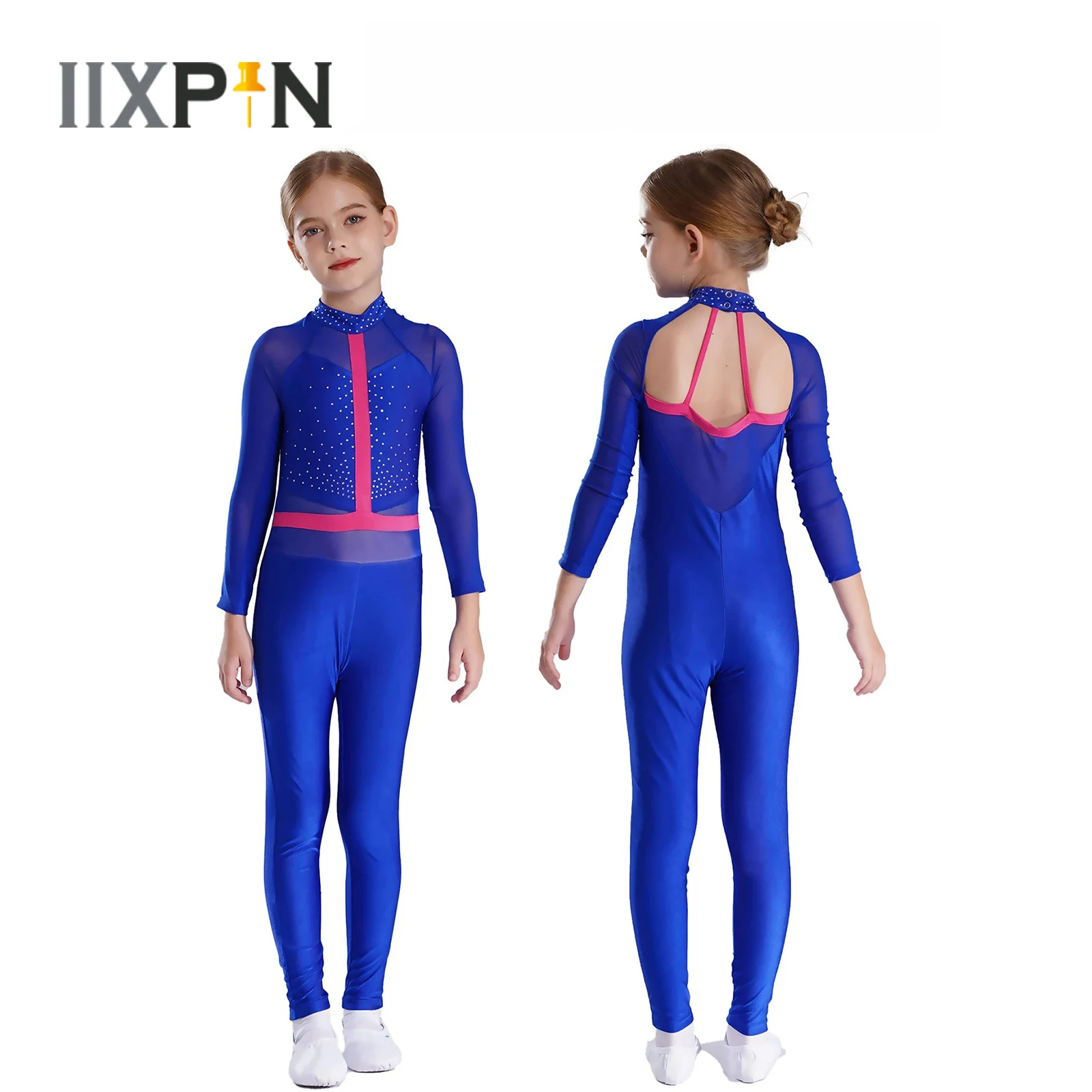 

Kids Girls Gymnastics Jumpsuit Performance Costume Long Sleeve Mock Neck Cutout Back Mesh Patchwork Bodysuit for Figure Skating