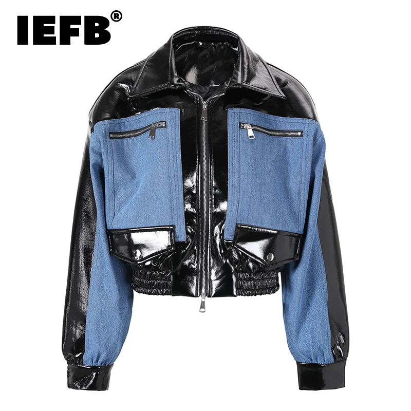 IEFB Denim Patchwork Leder Jacken Trend Herrenmode Silhouette Kurze Windschutz Koreanischen Stil Luxus Casual Pu Mantel CPG0512