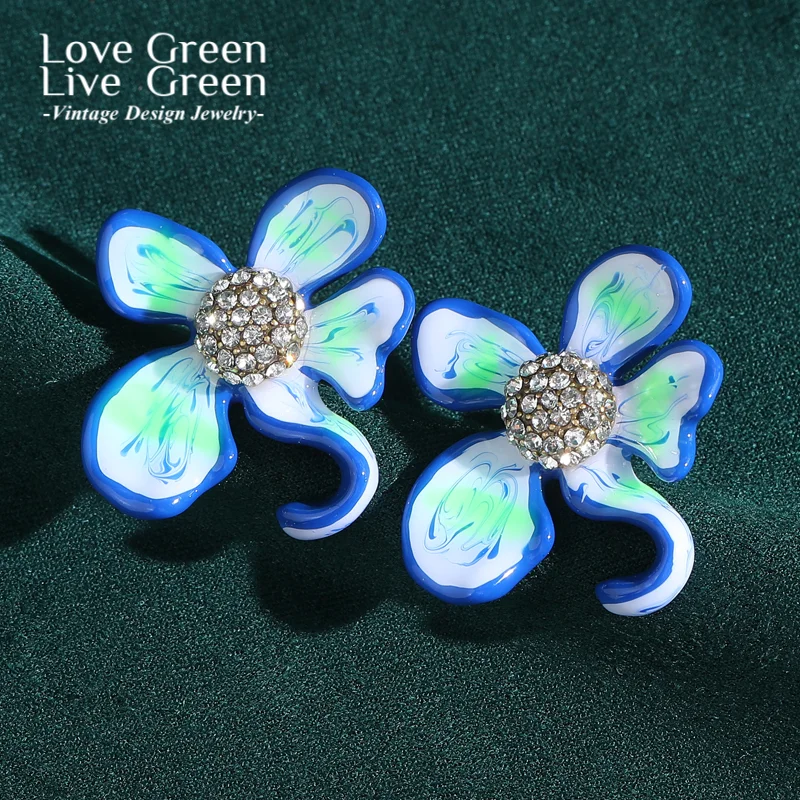 

Vintage Enamel Four Leaf Flower Stud Earring Gold Color Rhinestone Fashion Luxury Jewelry For Women Quality Designer Wedding New