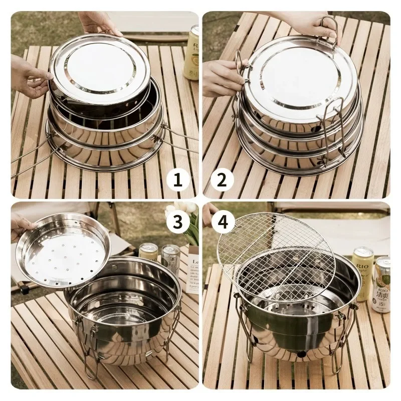 حفرة نار منقسمة محمولة قابلة للطي للشواء في الهواء الطلق ، الفولاذ المقاوم للصدأ ، لوازم الطبخ ، آلة شواء الفحم للنزهة ، معدات التخييم