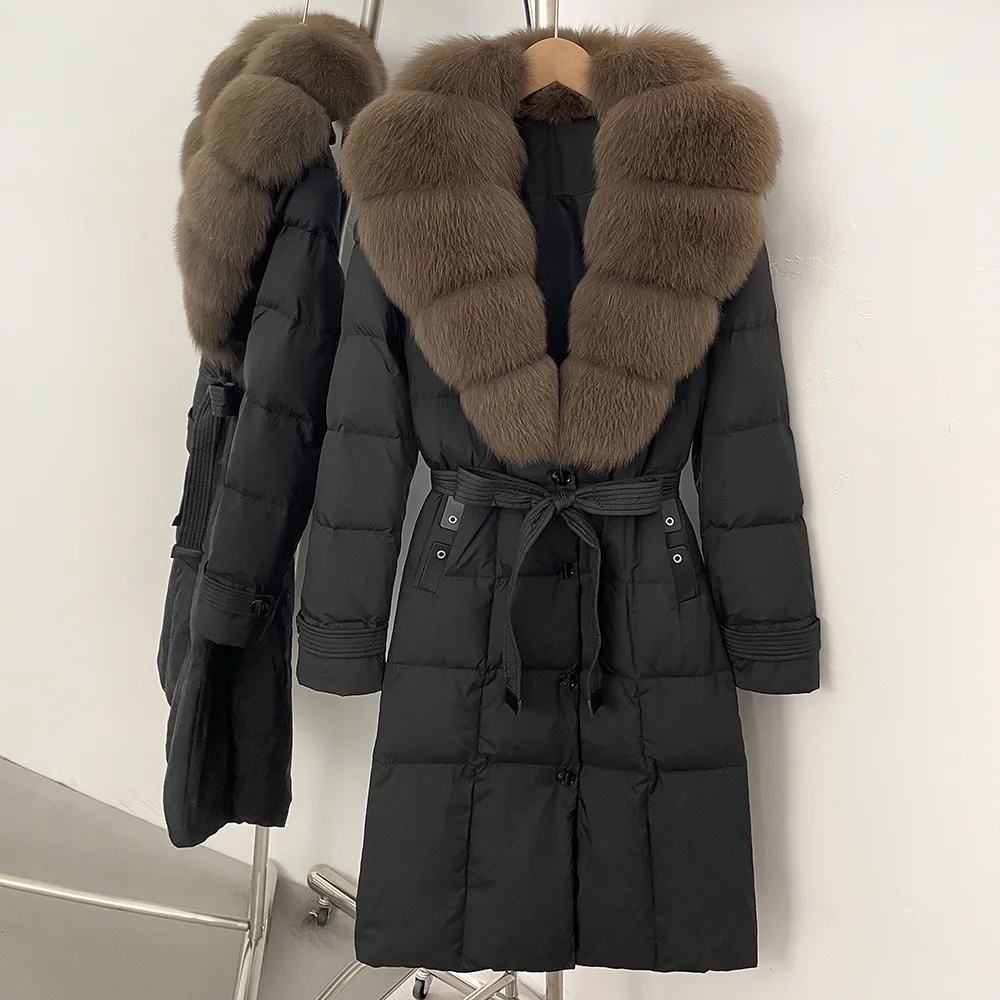 Winter White Duck Down Knee Length Outwears Women Natural Large Fur Collar Long Down Jacket Female Warm Quilted Parker Jacket