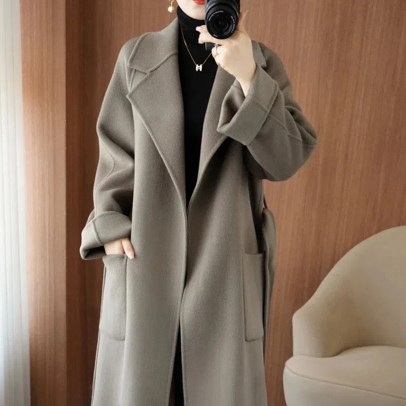 100% Wool Coat Women\'s Wear 2024 Autumn/Winter Fashion Temperament Double sided Cashmere Coats with Belt Elegant Long Overcoat