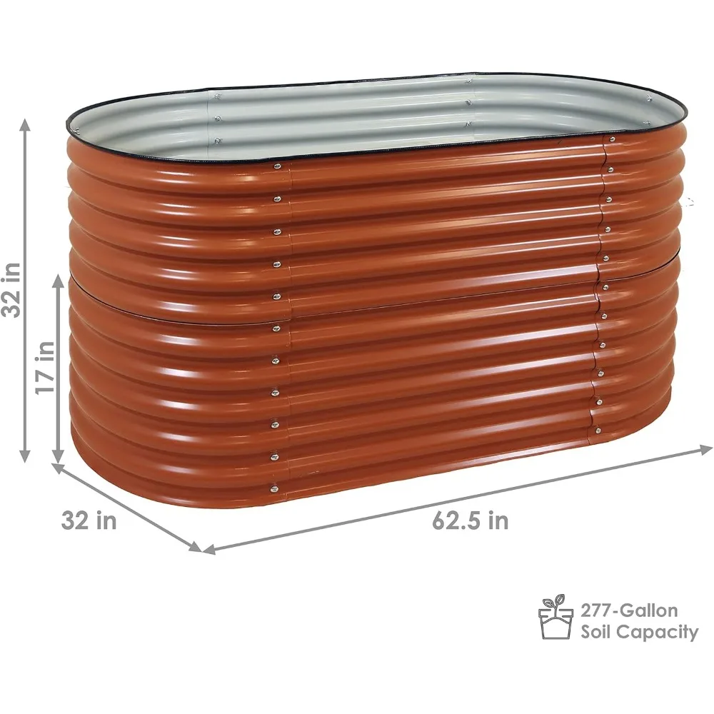 Sunnydaze Oval Cama De Jardim Elevada, Aço Empilhável, Cama De Flores De Vegetais, Kit De Plantador Com Guarnição De Borda De Borracha, Marrom, 62,5"