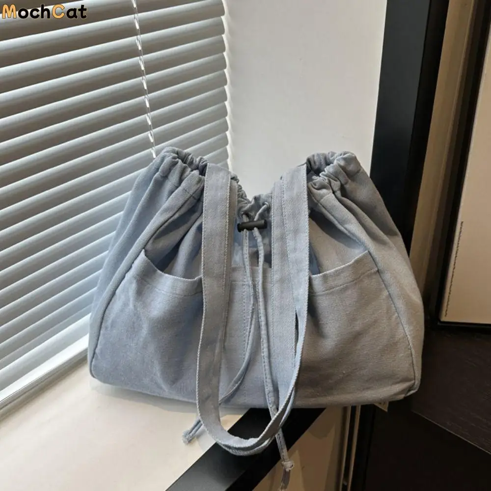 

Large Capacity Oxford Drawstring Shoulder Bag Casual All-match Denim Tote Bag Leisure Cowboy Canvas Bucket Bag Diaper Bags