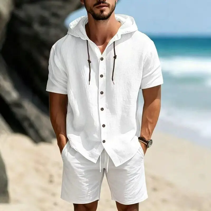 American Style Linen Casual Short Sleeve Beach Set Shorts Hat Included mid Stretch Straight Leg Neutral Summer Outfit