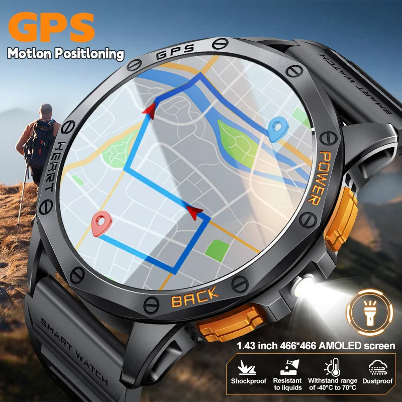 

LIGE GPS Smart Watch Men AMOLED Screen LED Flashlight Compass Watch 530mAh Battery Sports Fitness Bluetooth Call Smartwatch New