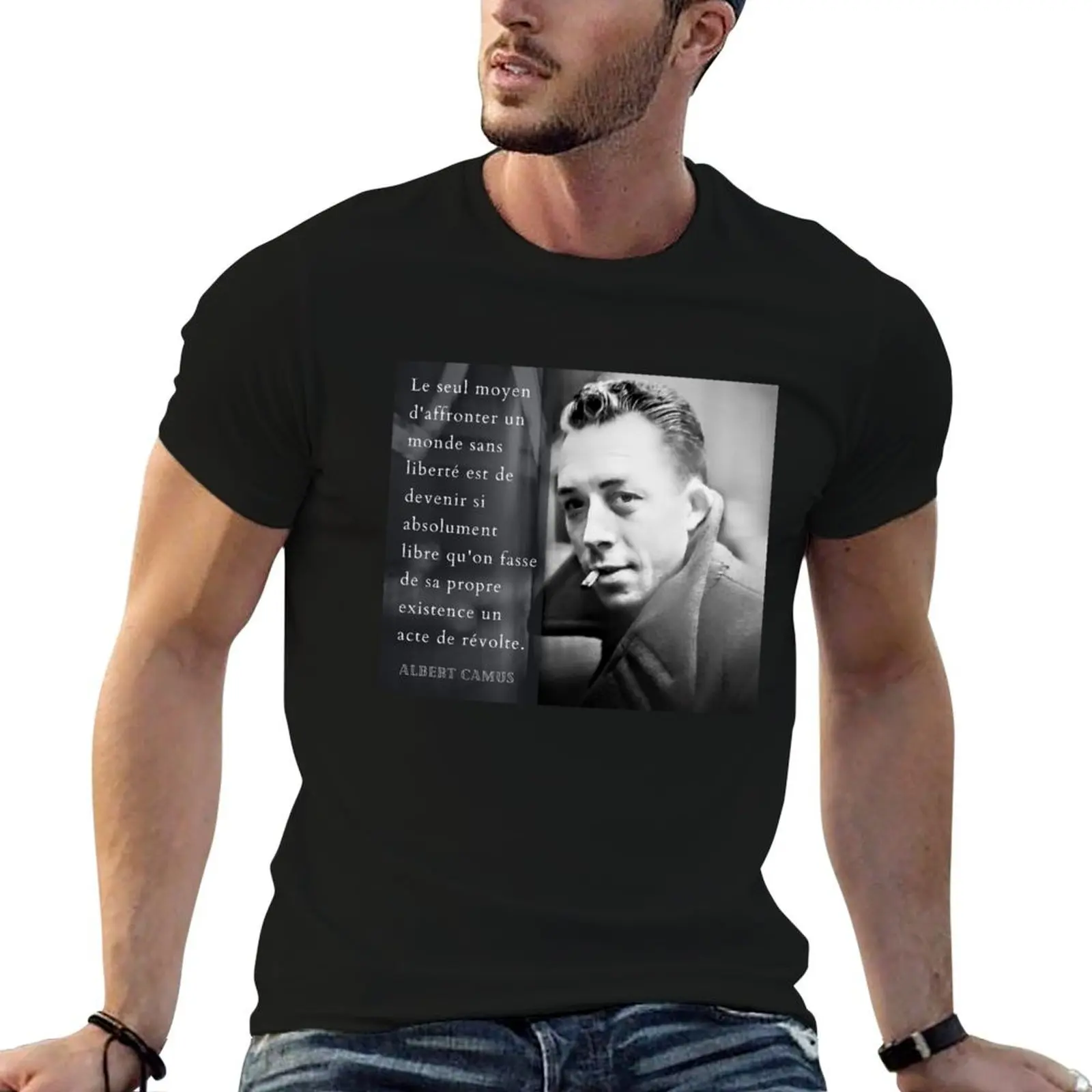 

Albert Camus portrait and quote: Le seul moyen d'affronter un monde sans T-Shirt boys animal print mens fashion