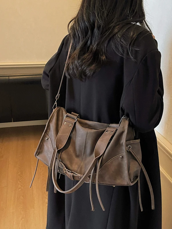 

Ретро-сумка-тоут большой вместимости, женская сумка через плечо, модная осенне-зимняя новинка, стильная мотоциклетная сумка, прочная полиэстеровая сумка