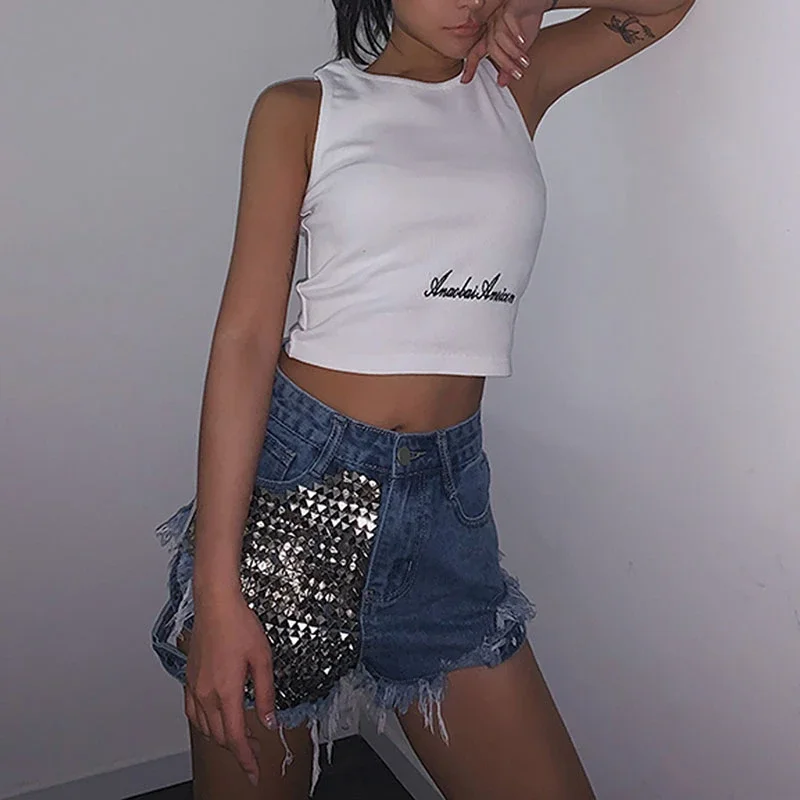 Sexy Women Rivet Denim Shorts hollow out 2022 New Summer Spring Women High Waist Jeans Shorts wide leg women hot shorts KZ77