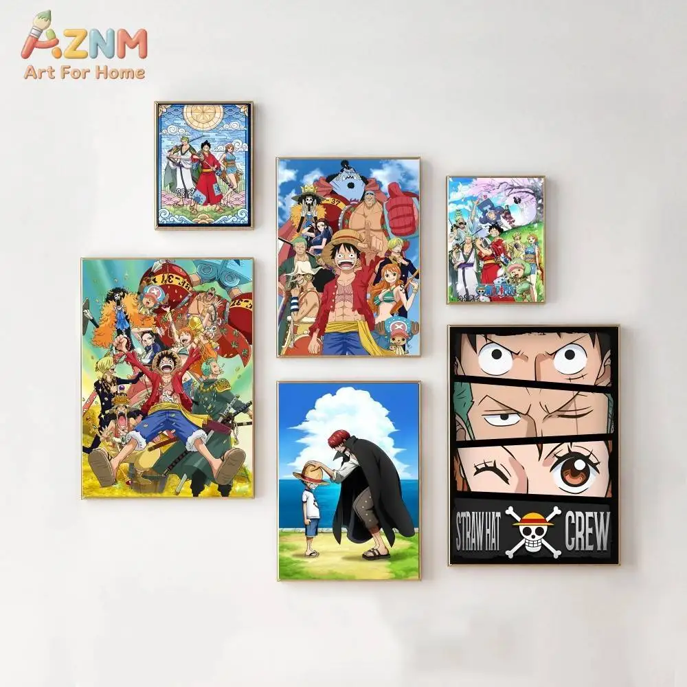 AZNM One Piece Unframed Canvas Print Straw Hat Crew Luffy Shanks Anime Character Collage Wall Art Poster Bedroom Home Decor