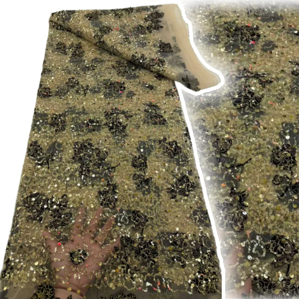 

Золотая африканская нигерийская тюлевая сетчатая кружевная французская сетчатая кружевная ткань с блестками, роскошная вышивка для женских платьев, шитье SZ1565