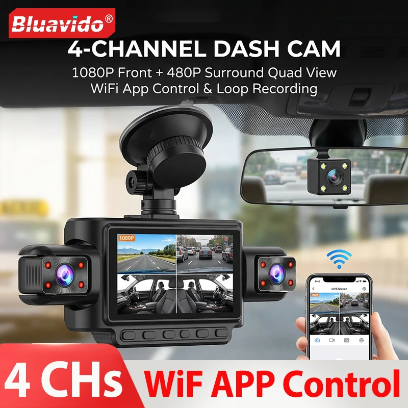 

4-канальный видеорегистратор 1080P (фронтальная камера) и 480P (левая, правая, задняя камеры) с Wi-Fi, 3-дюймовым экраном, датчиком движения и циклической записью