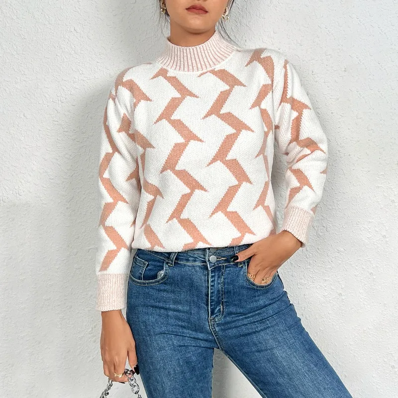 

Casual Loose Knitted Sweater Pullover Autumn/Winter Women's Pullovers 2024 New Mock Neck Long Sleeve Vertical Pattern Knit Tops