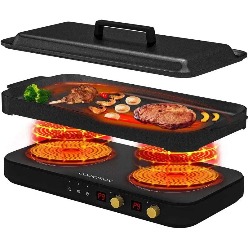 Portable Induction Cooktop 2 Burner with Removable Iron Cast Griddle Pan Non-stick, 1800W Double Induction Cooktop