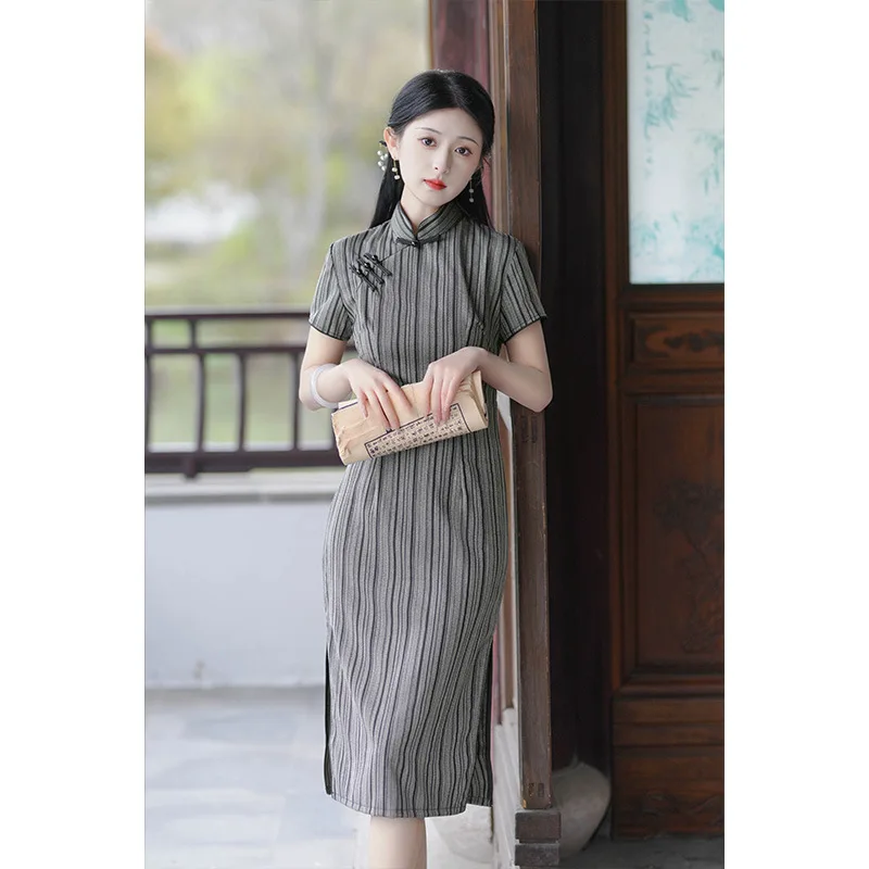 

Elegant Striped Cotton Linen Qipao Chinese Women Mandarin Collar Short Sleeve Cheongsam Daily Dress