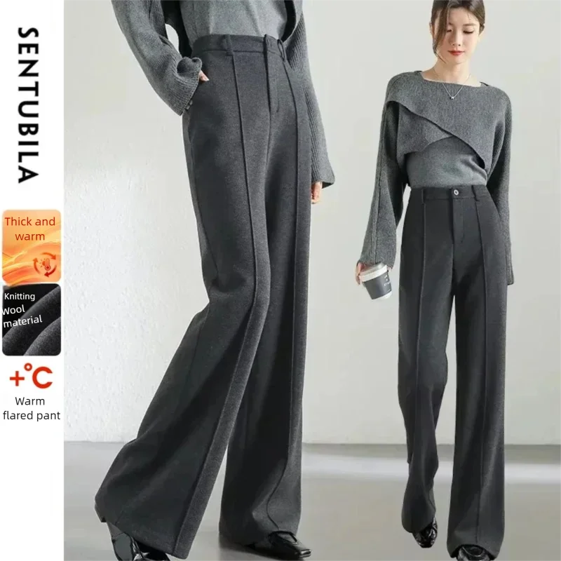 SENTUBILA Wool Blend Flare Pants Women Winter Thick Warm Trousers 2025 High Waist Office Lady Fashion Casual Pants 144K57322