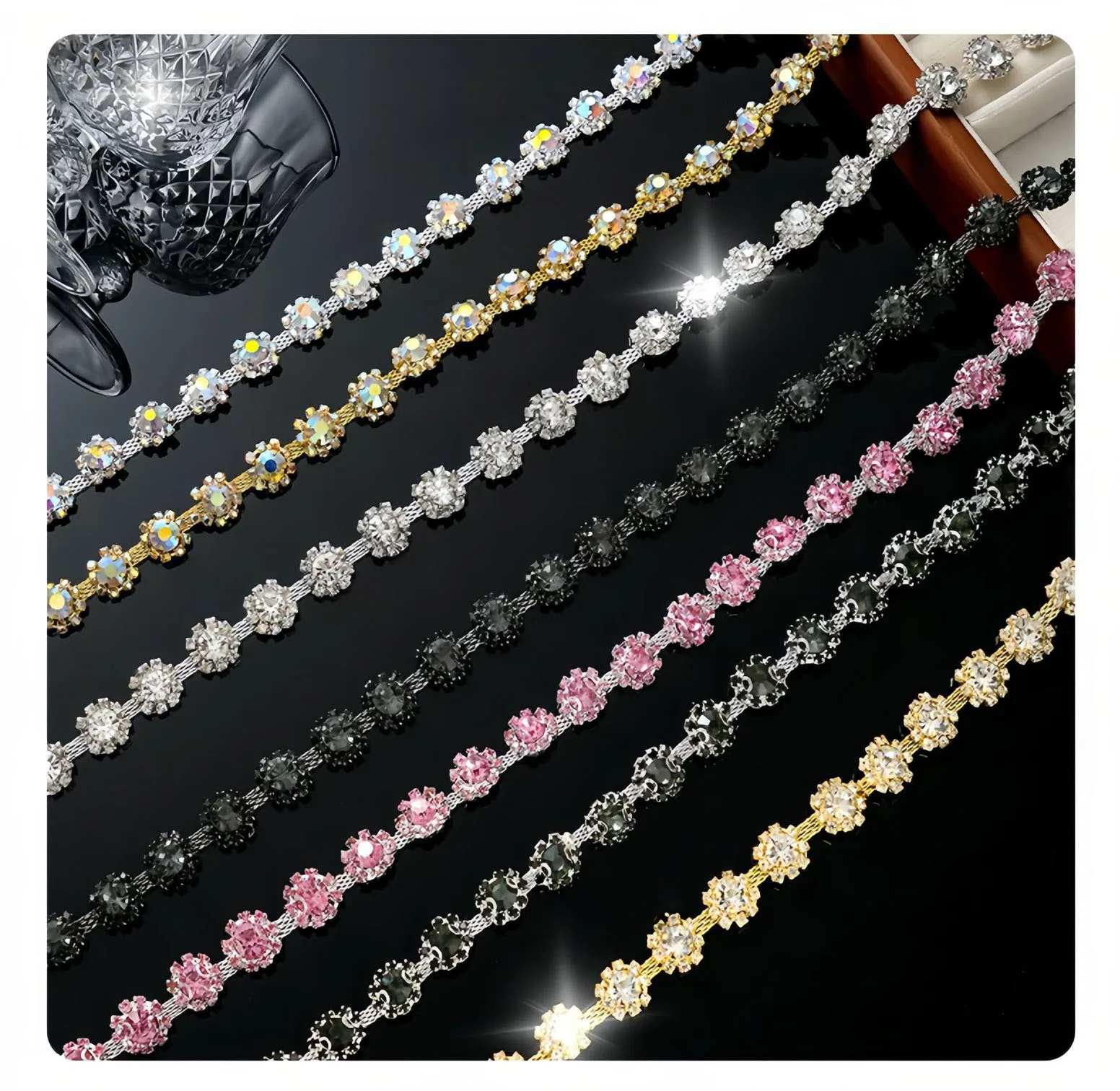 10 Yard Strass-Kette Kristall-Diamant-Accessoires DIY-Basteleien Hochzeitsdekoration Geschenk Sonnenblumenform Glänzendes Strass-Band – Detail 1