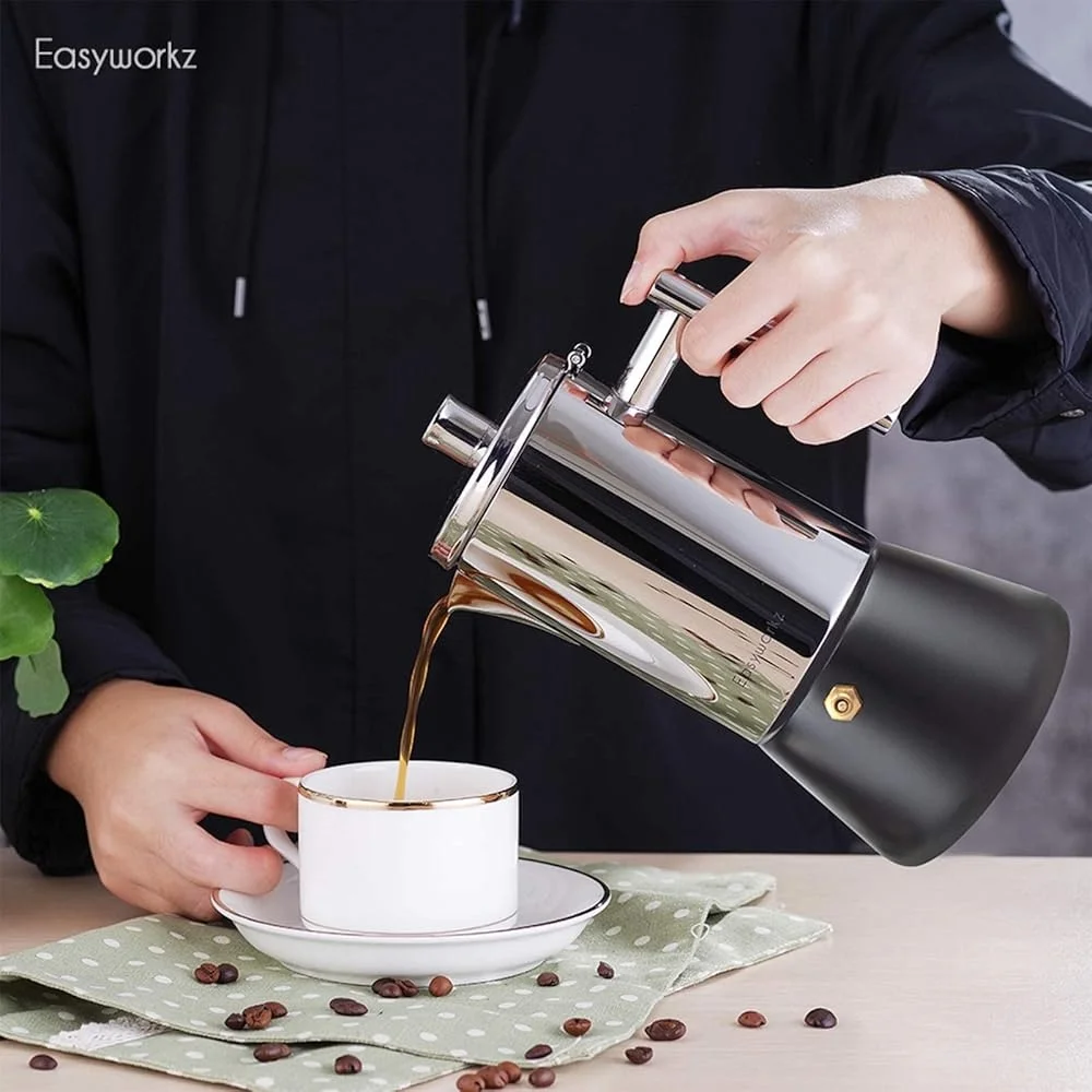 Panci Moka Baja Tahan Karat 6 Cangkir Pembuat Espresso Pegangan Tahan Panas Sendok Kopi 18/8 Alat Dapur Kompor Mudah Dibersihkan Tahan Lama