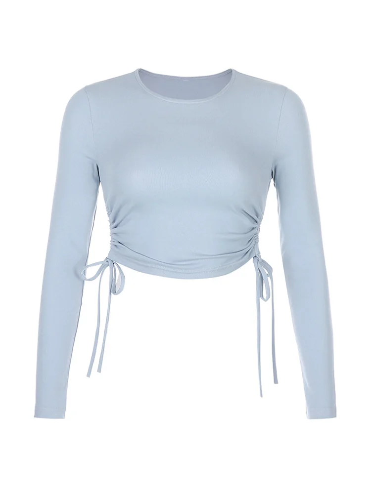 بلوزة نسائية برقبة دائرية وأكمام طويلة بقصة ضيقة ، تي شيرت بأربطة غير منتظمة ، محبوك سادة ، مثير ، خريف ،!