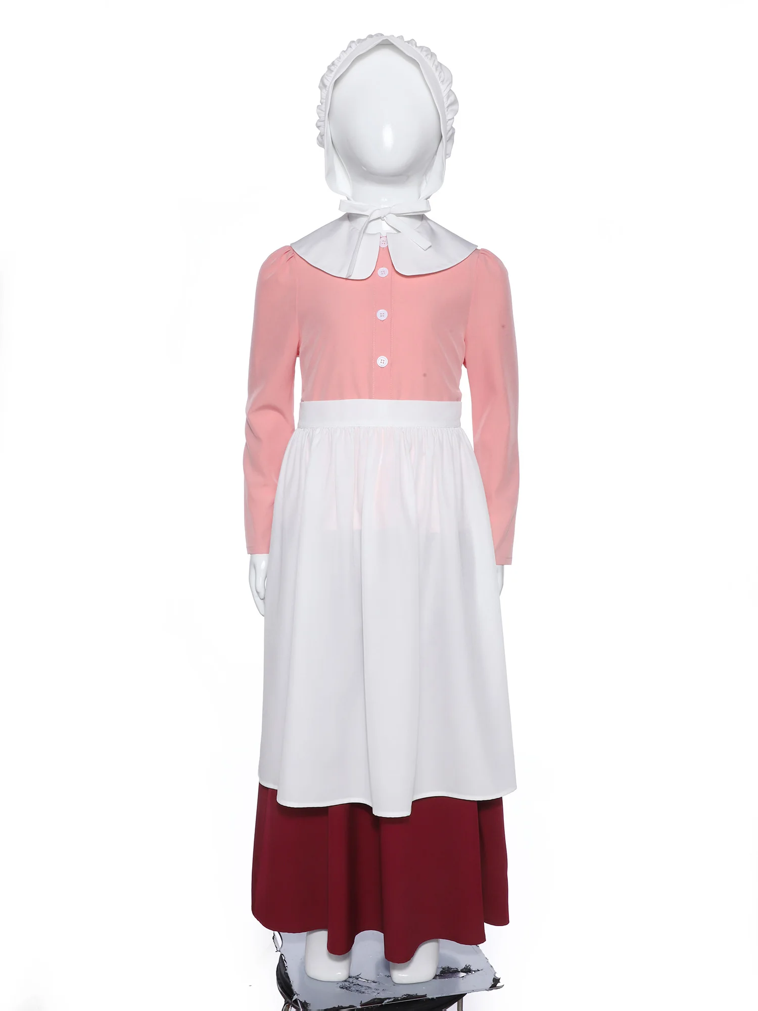 

Kids Girls Pilgrim Maid Cosplay Costume Lapel Long Sleeve Button-down Blouse Shirt Skirt and Apron Set for Halloween Masquerade