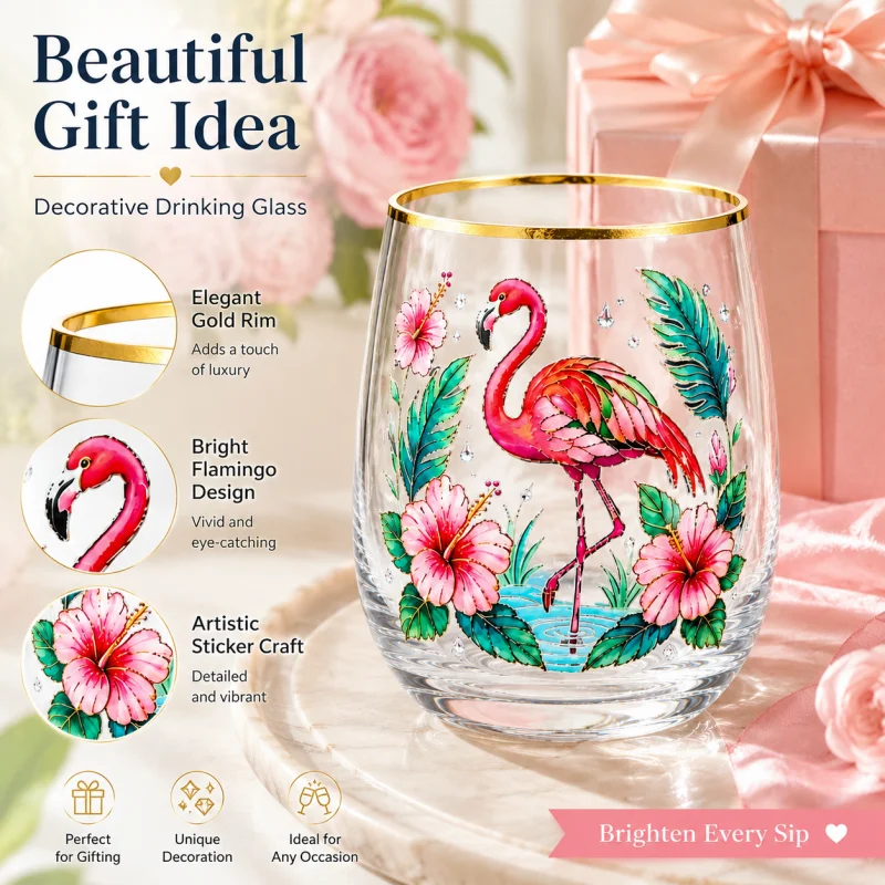 Vaso de Cerveza Tropical Flamingo con Borde Dorado, Vaso sin Tallo con Diseño Floral de Hibisco, Copa de Cóctel Artesanal, Regalo Decorativo para Bebidas de Verano