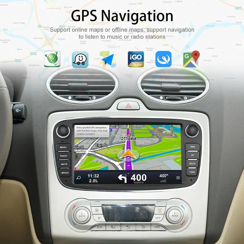 Podofo Android 10 Car Video Radio Autoradio 7'' GPS WIFI BT for Ford/Focus/Mondeo/C-MAX/S-MAX/Galaxy II/Kuga