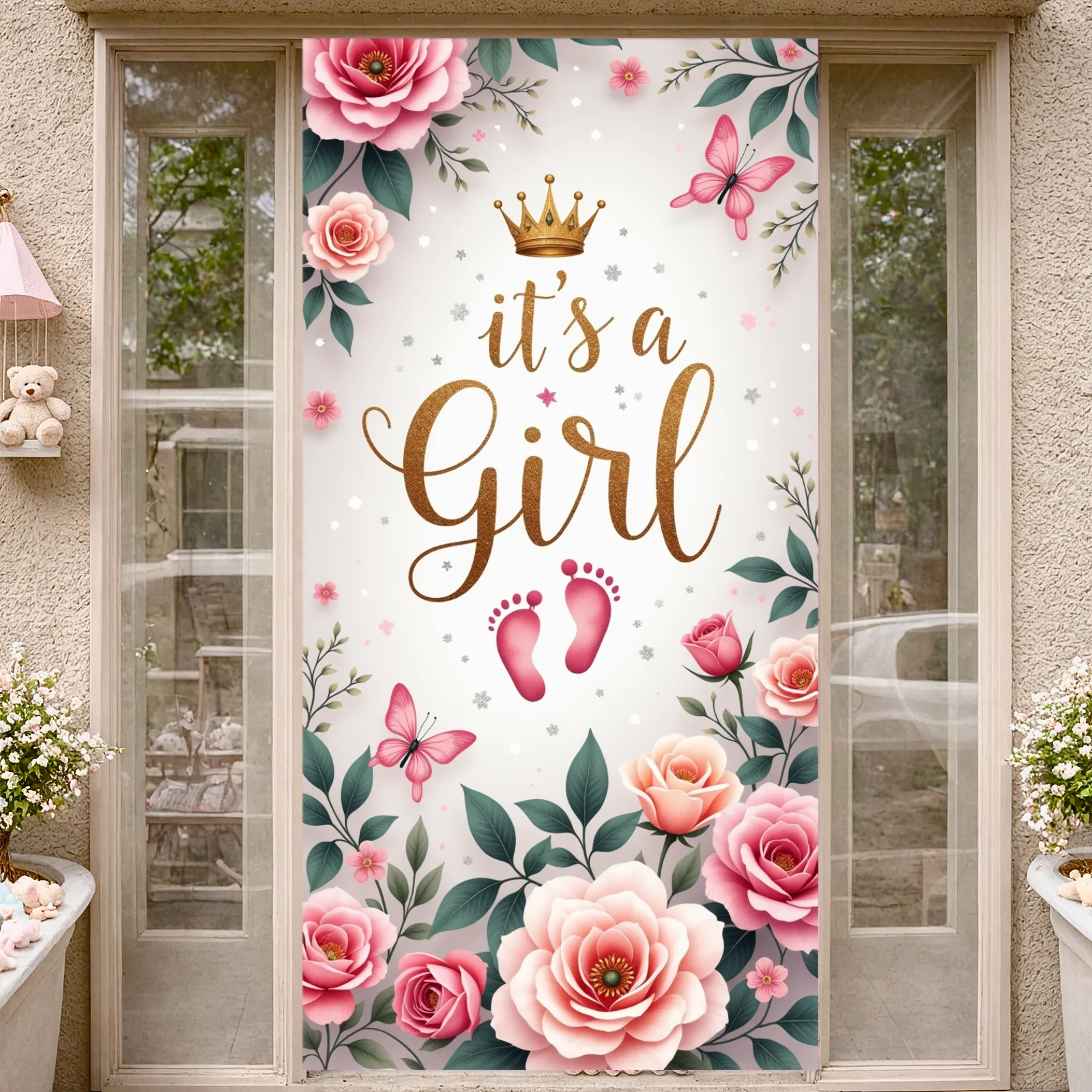 Decorative Design Baby Announcement Banner Blue Floral It's a Boy for Baby Shower Gender Reveal Newborn Event