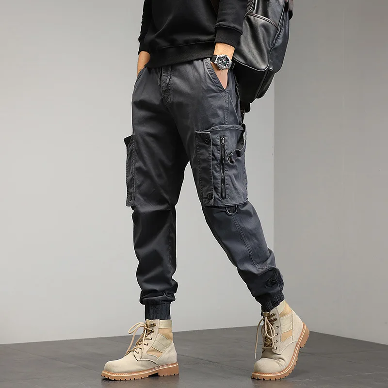 New Mens Cargo Pants Fashion Drawstring Cotton Casual Trousers Men Jogging Streetwear Multi Pocket Solid Color Outdoor Pants Man