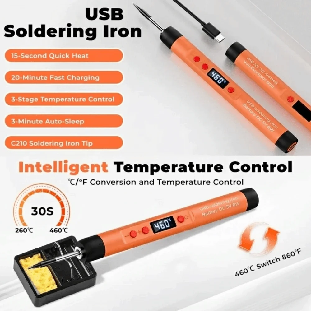 25W Power USB Soldering Iron 3-Levels Adjustable Lightweight Design Rechargeable Soldering Iron Lithium Battery