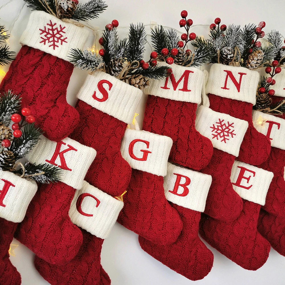 Calcetines de Navidad con colgante de árbol de Navidad, bolsas de dulces, alfabeto de copo de nieve rojo, medias de punto, regalos de Año Nuevo