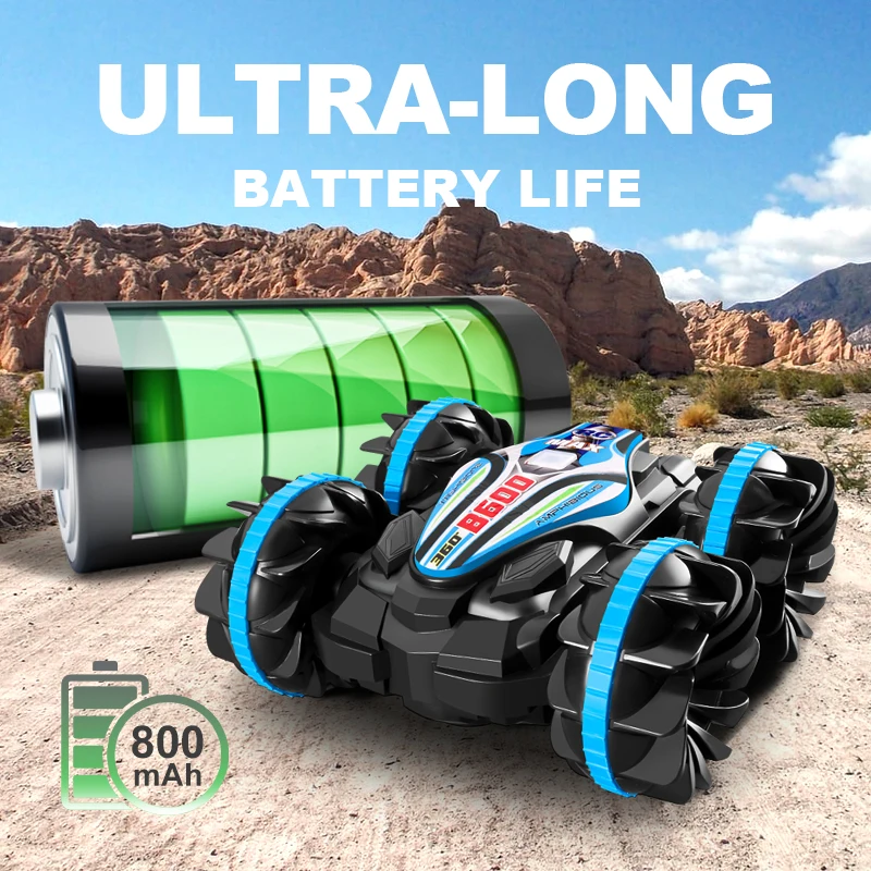 

Remote-controlled toy car, capable of running on both land and water, with dual remote controls and various special stunts.