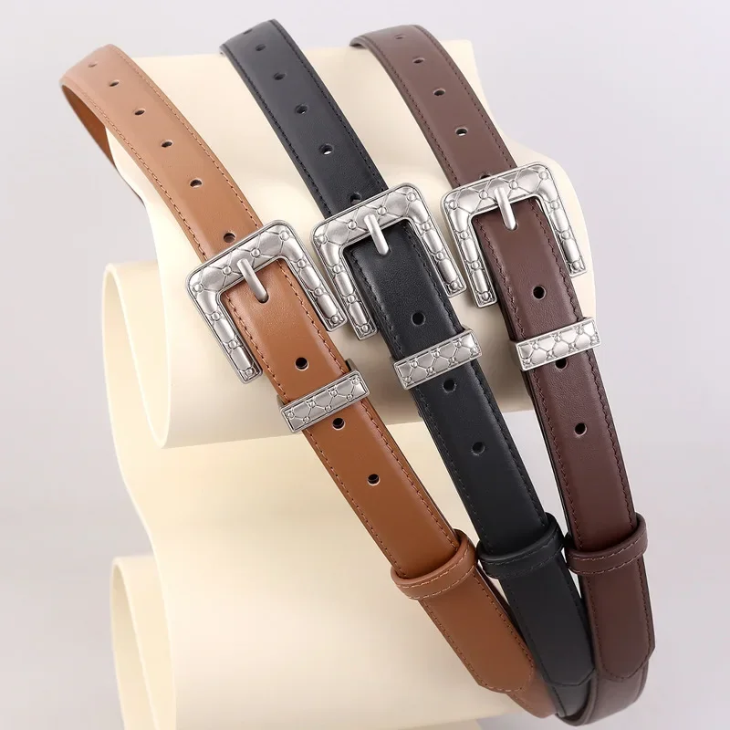 New Silver Button Head Leather Cowhide Belt with Denim Suit Belt Belts for Women  Designer Belt