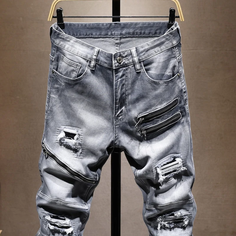 Street Designer Fashion Men Jeans Retro Gray Stretch Slim Fit Spliced Ripped Jeans Men Zipper Patched Hip Hop Denim Biker Pants
