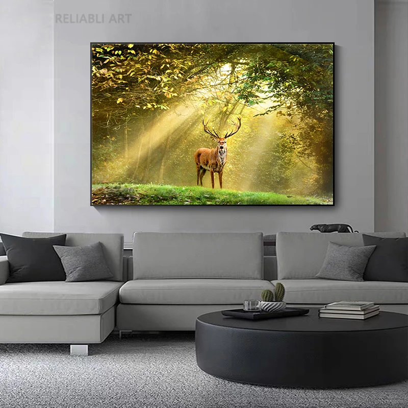 Mysterious Deer Sunshine Sunset Wall Pictures Canvas Painting Wall Art Animal Forset Posters Prints for Living Room Home Decor