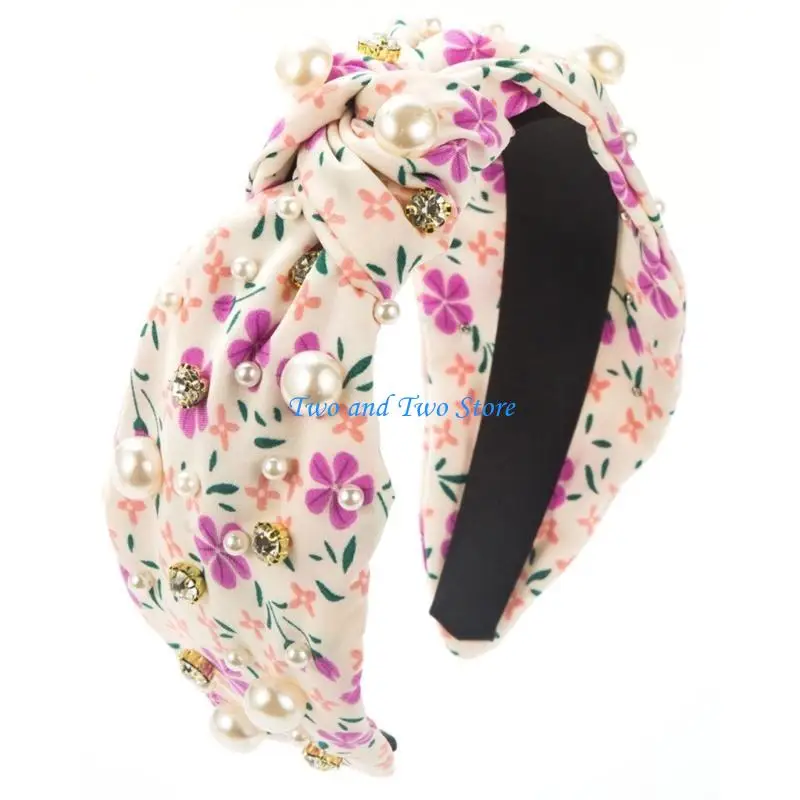 

HX6F Elegant Knotted Rhinestones Hairband Women Wide Flower Headband for Hair Styling
