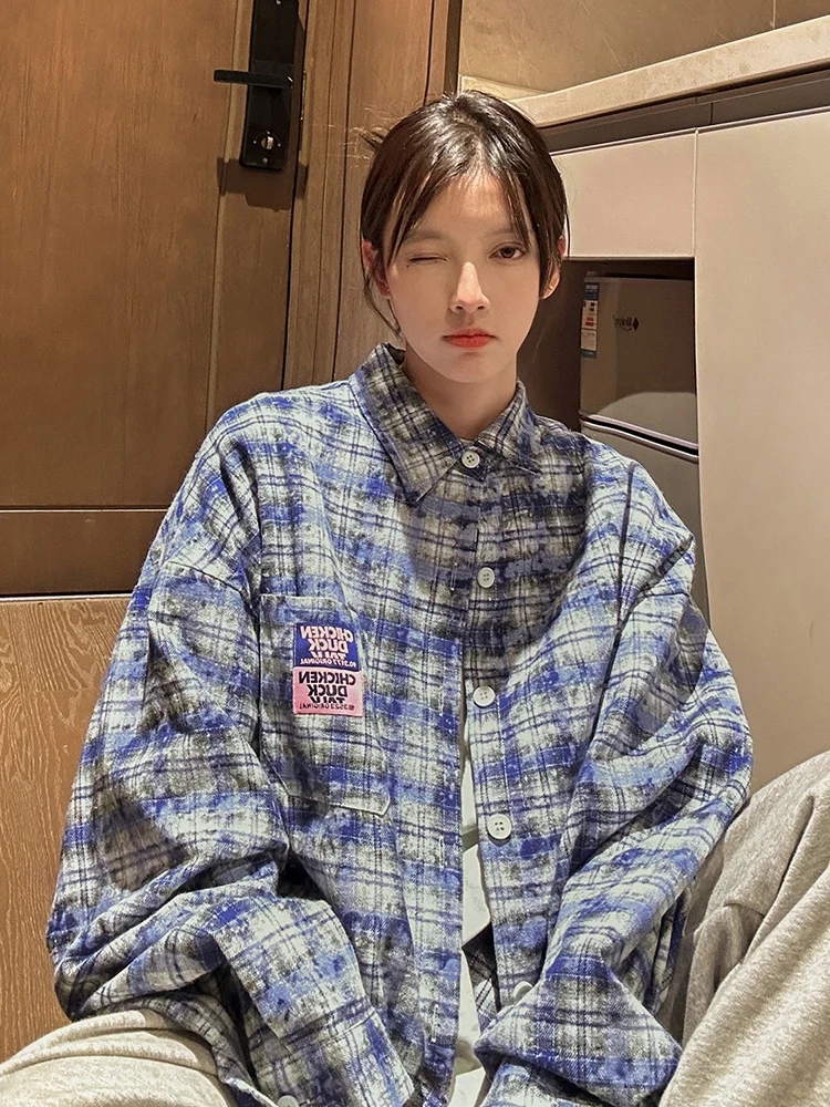 

Американская ретро-рубашка в клетку для мужчин, с длинным рукавом, премиум-класса, с воротником, для пар, оверсайз, повседневное пальто, весенний тренд