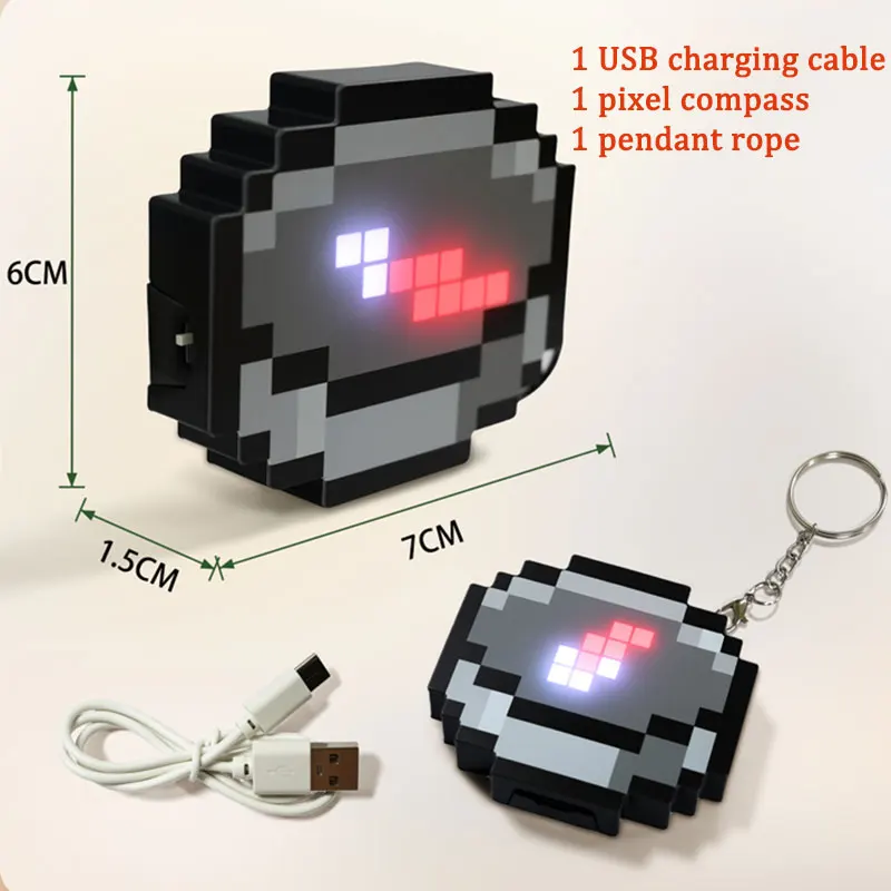 3d Pixel Compass Pendant Pixel Game Keychain Toys Simple Design USB Rechargeable Can Glow and Indicate Directions Best Gift