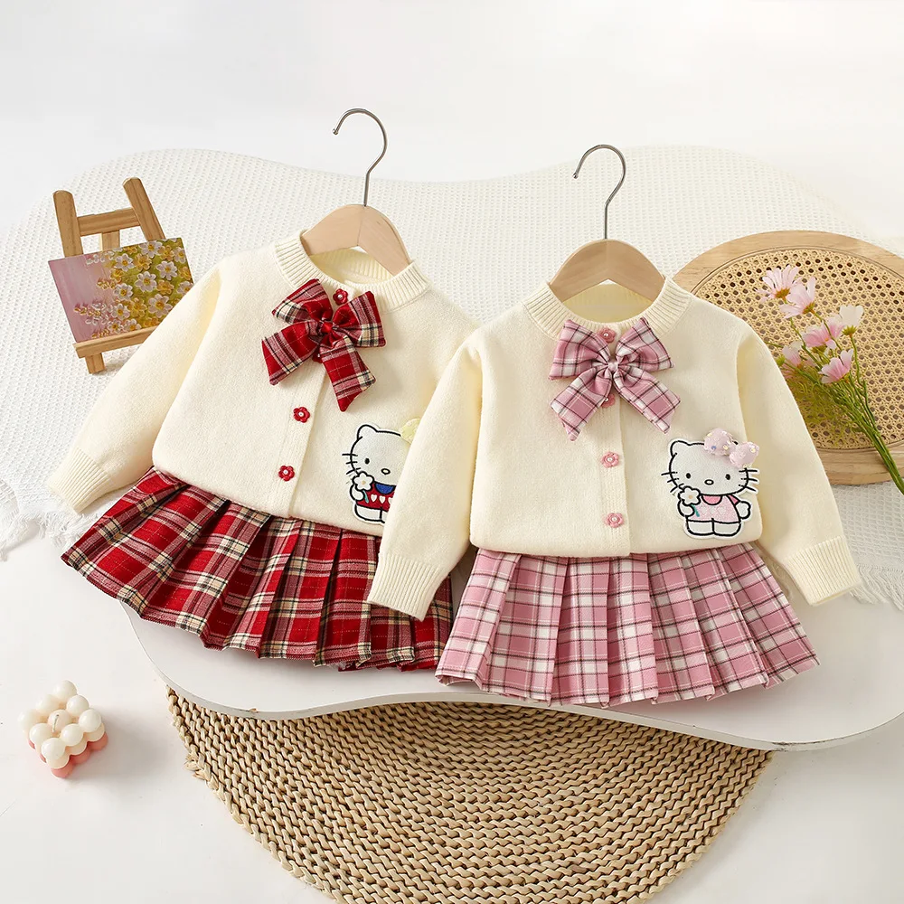 

Baby Girls Dresses Sets Autumn Winter Toddler Hello Kitty Cardigan Sweaters Coat Plaid Pleated Skirt 2Pcs Kids Princess Costumes