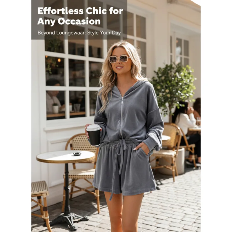 

Women’s 2-Piece Lounge Set For Fall 2025 Featuring Zip Up Fuzzy Hoodie Sporty Shorts Effortless Street Style With Comfy Fabric