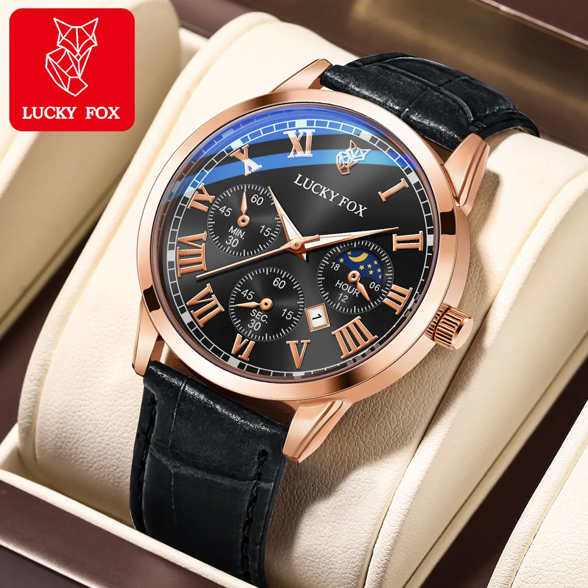 LUCKY FOX Men's Quartz Moon Phase Watch - Rose Gold Case, Genuine Leather Strap, Elegant Dress Watch