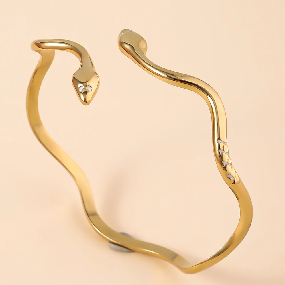 

Serpentine Opening Stainless Steel Cuff Bracelet, Irregular Gold Color Metal Wavy Fashion Women's Wrist Jewelry Gift