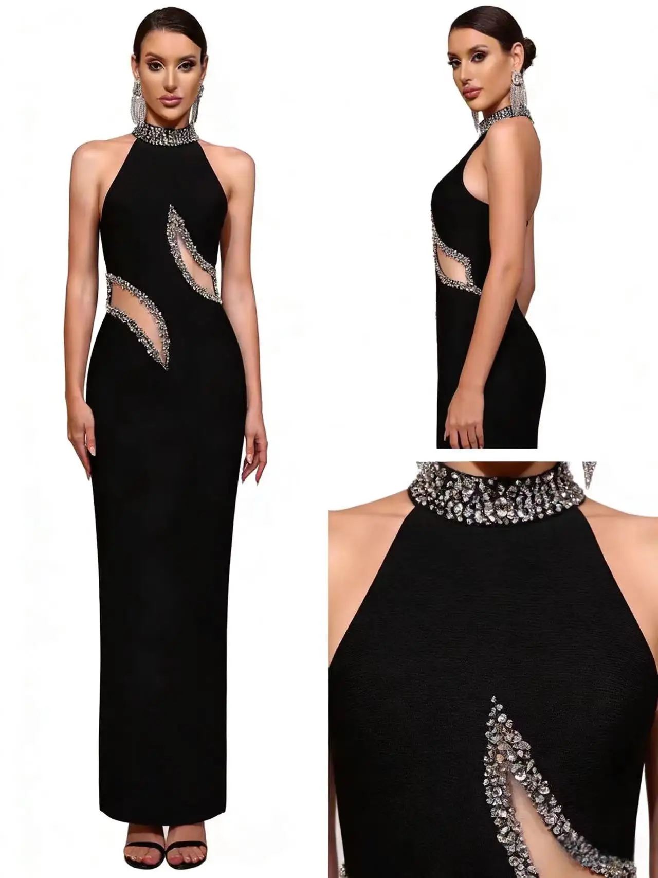 

Women's Sexy Black Rhinestone Sleeveless Mesh Patchwork Bandage Dress Stretchy Bodycon for Party Birthday Elegant New Arrival