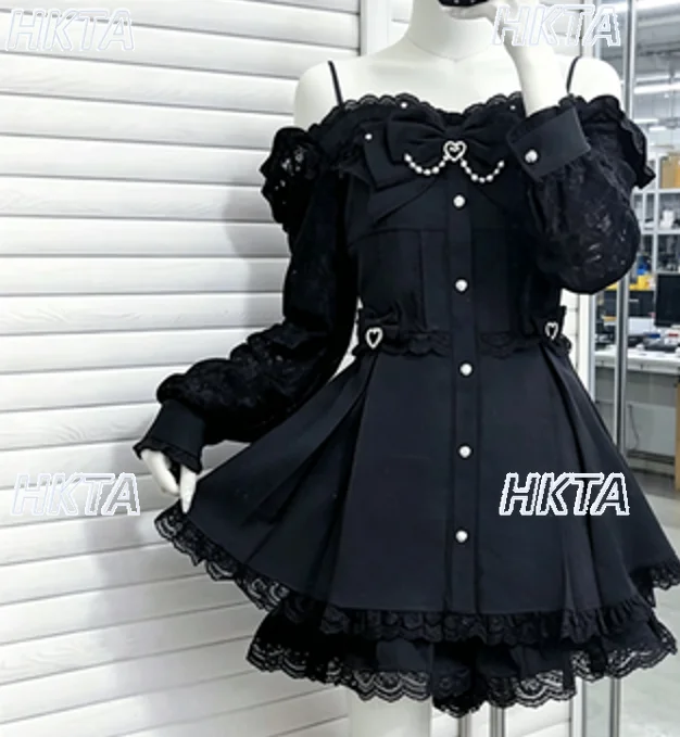Japanese Y2k Subculture Dark Autumn New Sweet Elegant Lace Bow Long Sleeve Off Shoulder Black Dress Shorts Lolita Sets Women