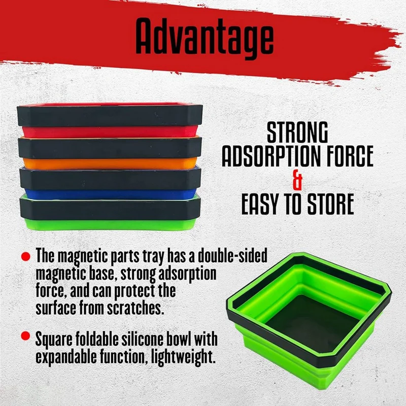Fold Magnetic Parts Tools Tray Set, 4-Pack Foldable 4.5Inch Square Silicone Bowls With Double Sided Magnetic Base
