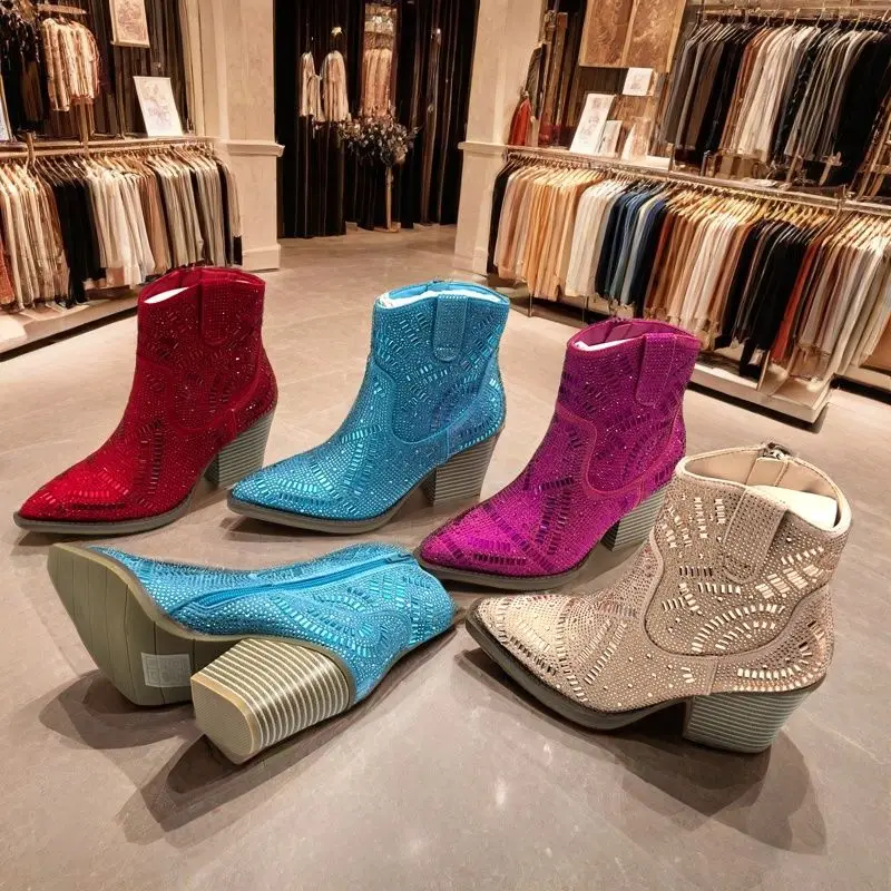 

Original Designer Brand Female Boots Full Drill Thick Heel New Fashion Ankle Boots for Women Hot Selling