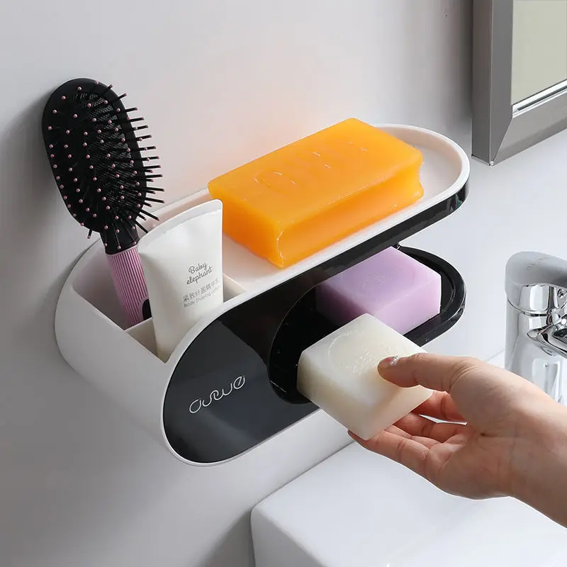 Double Deck Soap Box Storage Rack, Punch-Free, Creative Drain, Suction Cup, Wall-Mounted Bathroom Soap Holder, Household