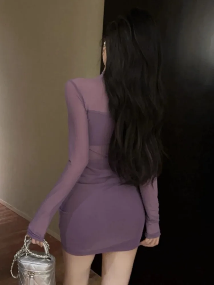 女性ドレスセクシーなシアーメッシュ長袖ひだウエストスリムミニドレス 2025 春の気質 Y2k パーティー Vestidos